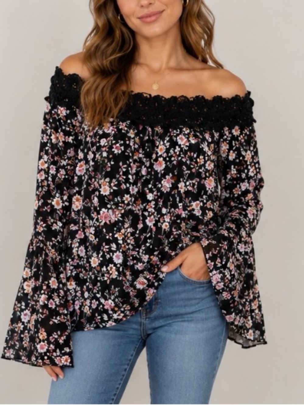 White House Black market Off-Shoulder Floral Bell-Sleeve Top black floral XXS